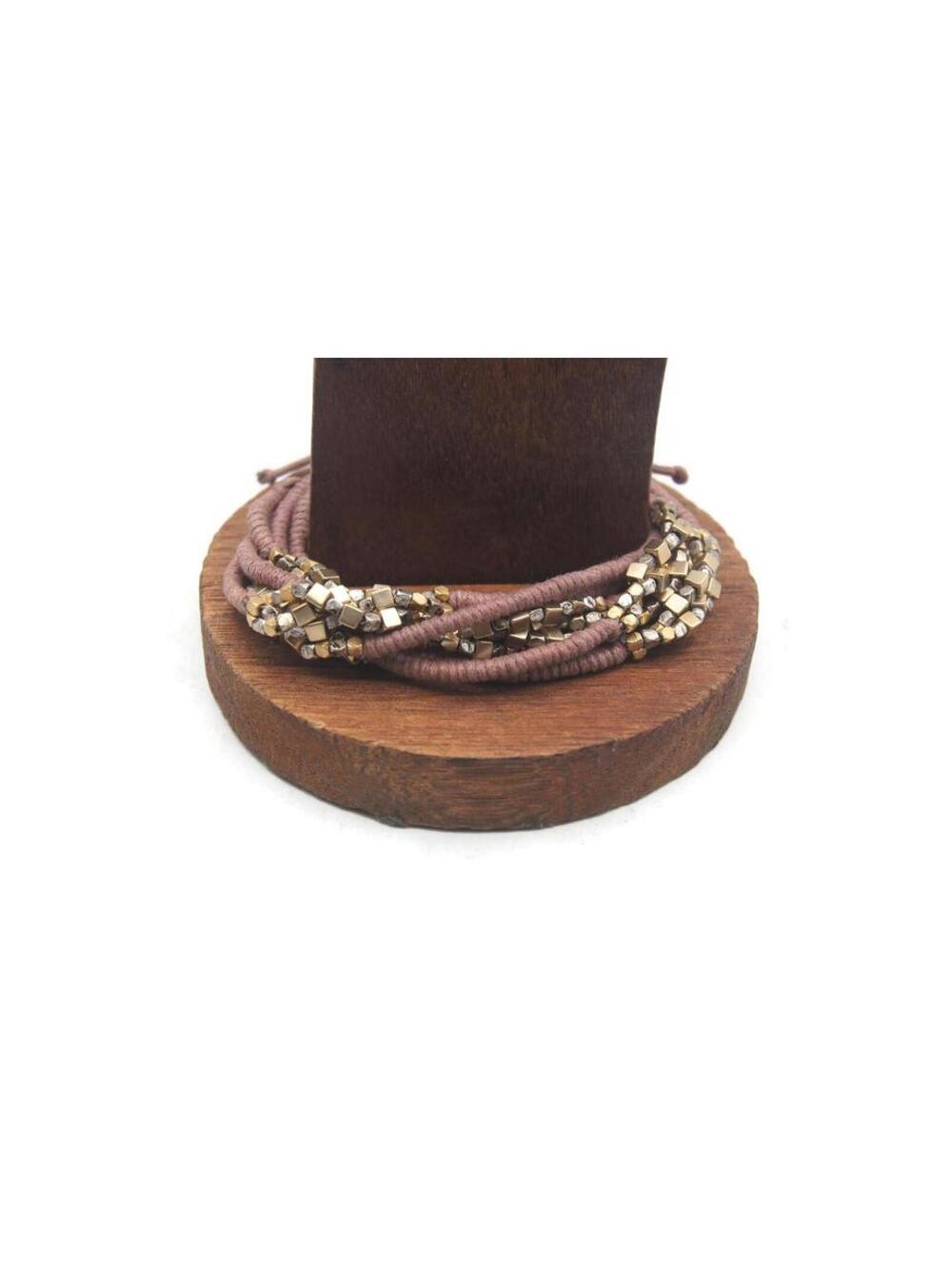 Vintage Gold Tone, Silver Tone and Brown Cord 6 Strand Adjustable Bracelet.